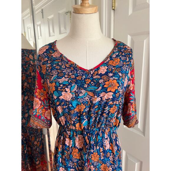 Pretty Garden Multicolor Floral Short Sleeve Cinch Waist Lightweight Maxi Dress - Picture 6 of 11